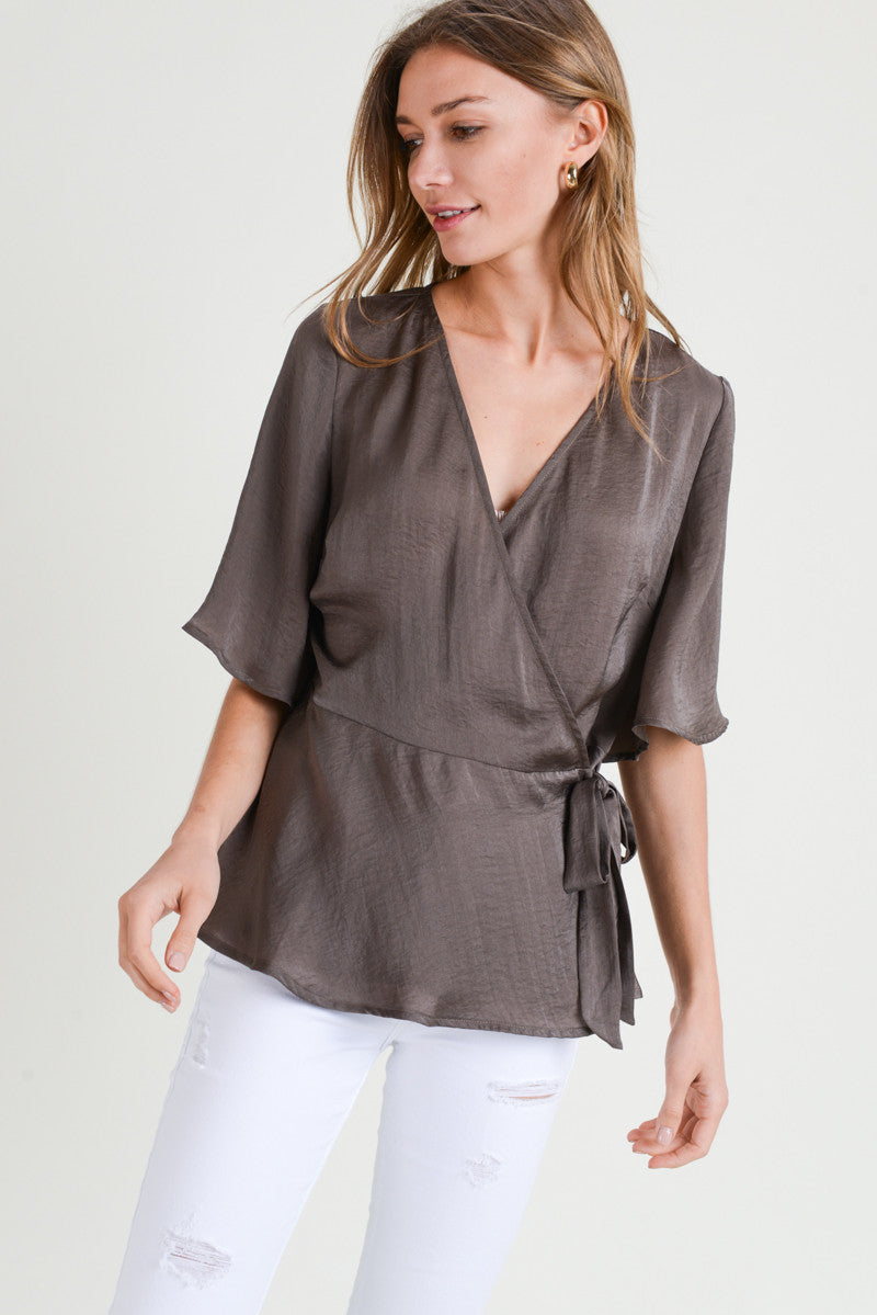 Dallas Satin Tie Top - Olive/Brown